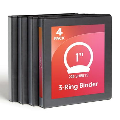 Cardinal Economy 3 Ring Binder, 1 Inch, Presentation View, Black, Holds 225 Sheets, Nonstick, PVC Free, 4 Pack of Binders (79512) - size: 1-Inch