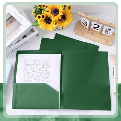 Gueevin 50 Pcs Plastic Folders with Pockets, Back to School Two Pocket Folder Fit Letter Size, Heavy Duty School Business Card Holder for Home Office, 11. 61 x 9. 45 Inches (Dark Green) - color: Dark Green