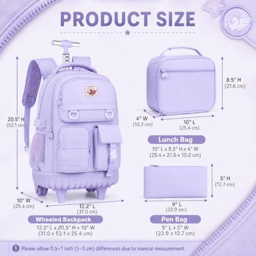 CCJPX Rolling Backpack for Girls Women, 21 inch Roller Wheels School Bookbag, Wheeled Suitcase Backpacks with Lunch Bag for Teen - Purple - color: Purple