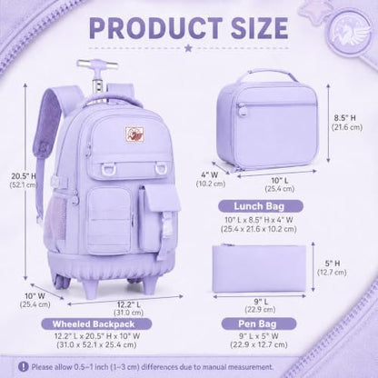 CCJPX Rolling Backpack for Girls Women, 21 inch Roller Wheels School Bookbag, Wheeled Suitcase Backpacks with Lunch Bag for Teen - Purple - color: Purple