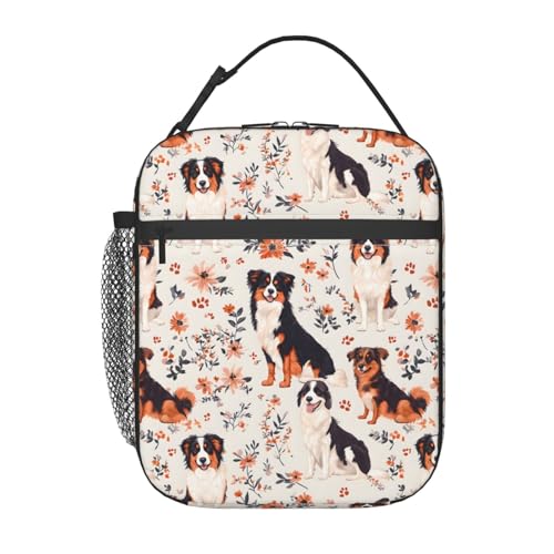 Cute Dog Lunch Box for Kids,Puppy Insulated Bag for Student,Pet Lovers Reusable Thermal Insulation Cooler Tote Bags for School Work Picnic Camping Outdoor Gifts (Australian Shepherd and Floral) - color: Australian Shepherd and Floral