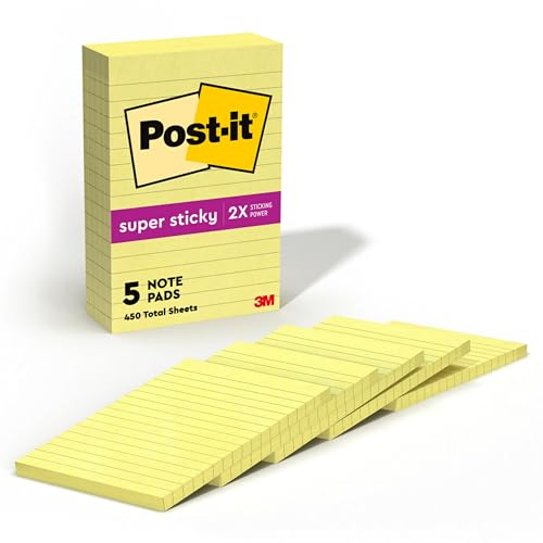 Post-it Super Sticky Lined Notes, 5 Sticky Note Pads, 4 x 6 in., School Supplies for Students, Ideal for Textbooks, Notebooks, Walls and Vertical Surfaces, Canary Yellow - size: 4 x 6 in, 5 Pads