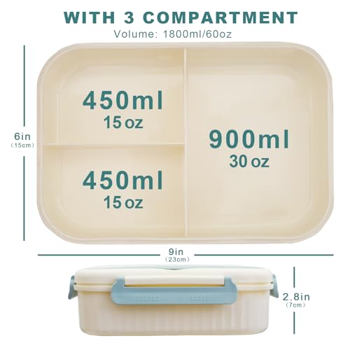 Bento Box Adult Lunch Box, Lunch Containers for Kids Children with 3 Compartments, 1800 ML Bento Lunch Box with Spoon & Fork, Microwave & Dishwasher Safe, BPA-Free and Food-Safe Materials(Blue) - color: Blue