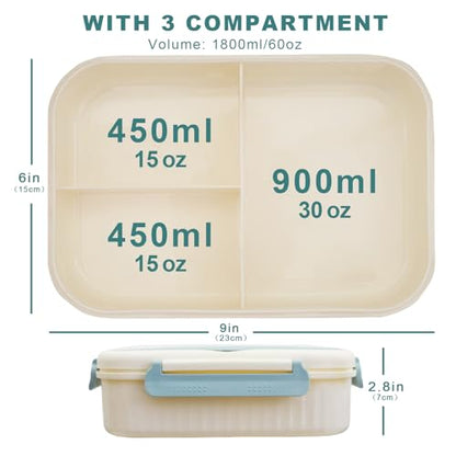 Bento Box Adult Lunch Box, Lunch Containers for Kids Children with 3 Compartments, 1800 ML Bento Lunch Box with Spoon & Fork, Microwave & Dishwasher Safe, BPA-Free and Food-Safe Materials(Blue) - color: Blue