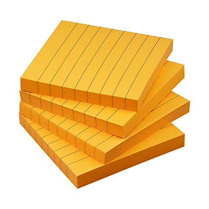 Lined Sticky Notes 3x3 in, Self-Adhesive, 4 Pads, 90 Sheets Each, Orange | Strong Self-Adhesive Backing, Sticks Firmly and Removes Cleanly - color: Orange