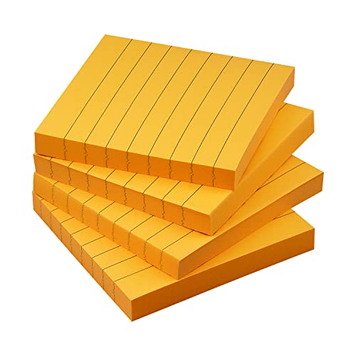 Lined Sticky Notes 3x3 in, Self-Adhesive, 4 Pads, 90 Sheets Each, Orange | Strong Self-Adhesive Backing, Sticks Firmly and Removes Cleanly - color: Orange