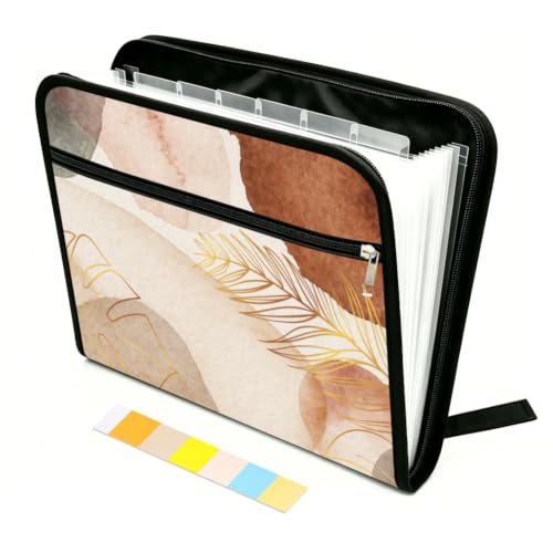 WEBEEDY Watercolor Leaves Expanding File Folder 13 Pockets Accordion Folder File Organizer with 12 Color Labels and Zipper, Portable Travel Document Organizer for Photo Letter Receipt Paper, A4 Size