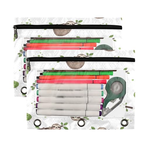Blueangle Sloth with Green Leaves Pencil Pouch for 3 Ring Binder, 2 Pack Clear Window Zipper Pencil Bags for Office