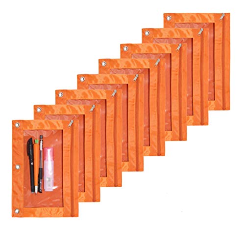 Zippered Pen Pencil Binder Pouch | 3 Rings with Clear Window for School Classroom Organizers 8 Pcs (Orange) - color: Orange
