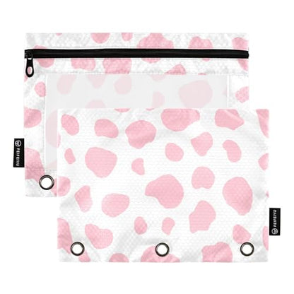 2 Pack 3 Ring Binder Pencil Pouch Pink Cow Pencil Case Pencil Bags with Zipper, Clear PVC Binder Pockets for Office Daily Supplies - color: Color 18
