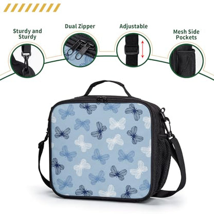 Blue Butterfly Lunch Box for Girls Boys Kids Insulated Lunch Bag Cute Butterflies Lunchbox Reusable Cooler Lunch Pail Thermal Meal Tote Kit with Shoulder Strap for School Picnic - color: Blue Butterfly