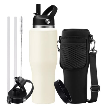32/40 OZ Water Bottle with Carrying Case, Stainless Steel Insulated Bottle with Lid and Straw, Double Wall Vacuum Thermal Cup Fit in Car Cup Holder for Travel Drive - color: Cream White, size: 32 Ounces