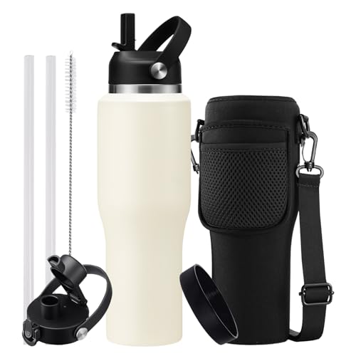 32/40 OZ Water Bottle with Carrying Case, Stainless Steel Insulated Bottle with Lid and Straw, Double Wall Vacuum Thermal Cup Fit in Car Cup Holder for Travel Drive - color: Cream White, size: 32 Ounces