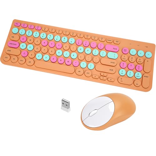 Wireless Keyboard and Mouse Combo, Retro Typewriter Keyboard with Round Keycaps, 2.4GHz USB Cute Wireless Keyboard Mouse for Computer, Desktop, Laptop and Computer (Orange Colorful) - color: Orange Colorful