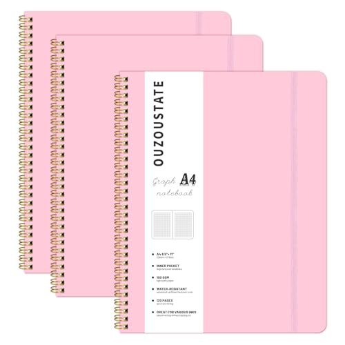 Spiral Graph Notebook 8.5" x 11", A4 Pink Grid Paper Notebook Hardcover College Ruled Notebook for Work, 120 Pages 100GSM Large Thick Spiral Writing Journal for Women & Men - color: pink, style: Graph