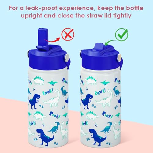 SANDJEST Dinosaur Kids Water Bottle with Straw Lid, Pack of 2 Insulated 12 Oz Stainless Steel Water Bottles for Boys, Travel Cup for School Sports - color: Dinosaur (Pack 2)