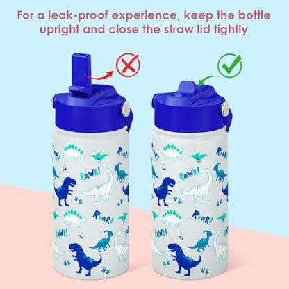 SANDJEST Dinosaur Kids Water Bottle with Straw Lid, Pack of 2 Insulated 12 Oz Stainless Steel Water Bottles for Boys, Travel Cup for School Sports - color: Dinosaur (Pack 2)