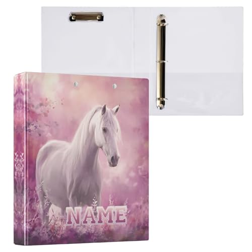 Custom Horse 3 Ring Binder Becautiful Horse Pattern 1.5" Round Ring Binders Personalized Name View Binder with 200 Sheet for School Supplies Women Men Office, 1 Pack - color: Custom Becautiful White Horse Pattern