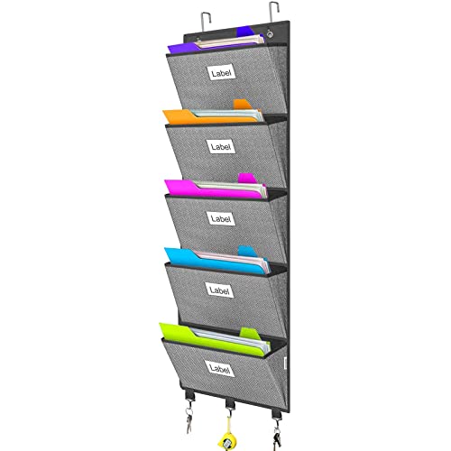 Over the Door File Organizer, Hanging File Folders, Wall Organizers and Storage for Mail, Magazine, Notebooks, Planners, Office, Classroom, 5 Extra Large Pockets, 50.39” Tall (Grey with Herringbone) - color: Light Grey Herringbone Pattern