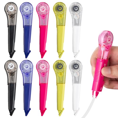 Correction Tape Pen, 10-Count Pack, 19.69ft Each, Dry Instantly, Stretch Resistant, not Easy to Break, as Smooth as Writing, Perfect for School, Office Supplies, Black White Red Yellow Blue - size: 1 Count (Pack of 10)