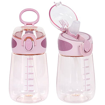 Water Bottle with Straw BPA Free Lightweight 14oz Water Drinking Bottle for Toddlers with Handle Wide Mouth Leak-Proof Cute Straw Bottle for Boys, Girls,Adults (Pink)