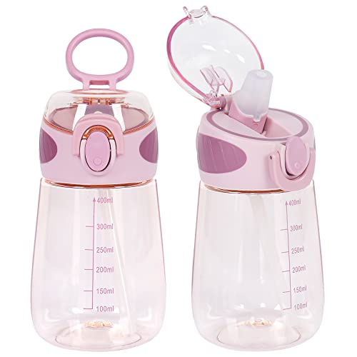 Water Bottle with Straw BPA Free Lightweight 14oz Water Drinking Bottle for Toddlers with Handle Wide Mouth Leak-Proof Cute Straw Bottle for Boys, Girls,Adults (Pink)