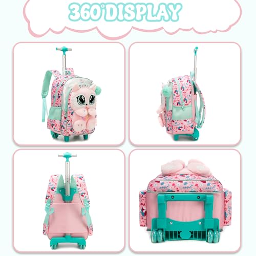 Meetbelify Rolling Backpack for Girls 3D Carton Backpack with Wheels for Elementary Student Kids Plush School Bag with Lunch Box Pencil Case for Girls Ages 6-8 Years Old Pink - color: Pink Fox