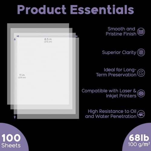Vellum Paper 8.5 x 11 Translucent Printable, 100 Sheet（100gsm/68lb Vellum Tracing Paper, Translucent Vellum Paper for Invitation, Greeting Cards, Tracing Paper Pad for Drawing, Sketching, Writing - size: 8.5" x 11", 100 Pack