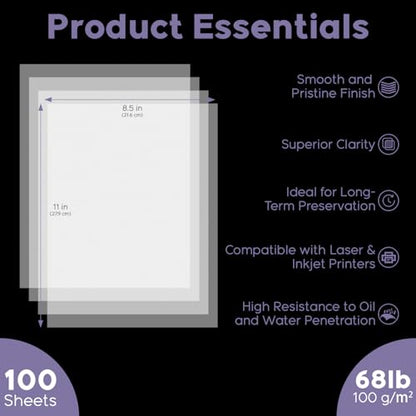Vellum Paper 8.5 x 11 Translucent Printable, 100 Sheet（100gsm/68lb Vellum Tracing Paper, Translucent Vellum Paper for Invitation, Greeting Cards, Tracing Paper Pad for Drawing, Sketching, Writing - size: 8.5" x 11", 100 Pack