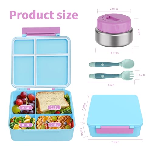 Bento Box for Kids with Thermo Food Container (9oz), 4-Compartment Lunch Box, Adjustable Divider, Leakproof Bento Lunch Box, Includes Utensils & Carry Bag for School, Office(Light Blue) - color: Light Blue