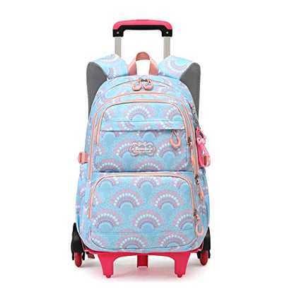 Mfikaryi Girls Rolling Backpack Elementary Student Outdoor Travel Trolley Bag Bookbag with Wheels - color: Blue-6 Wheels
