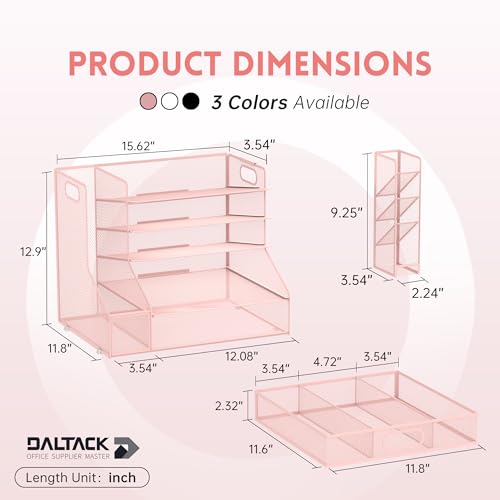 5-Tier Desk Organizer with File Holder & Pen Holder & Sliding Drawer, Pink | Mesh Metal Paper Letter Tray for Papers, Mail, Office Supplies, and Desk Accessories - color: Pink
