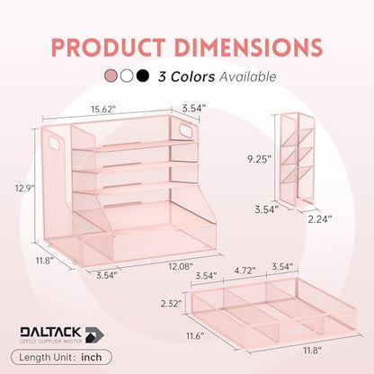 5-Tier Desk Organizer with File Holder & Pen Holder & Sliding Drawer, Pink | Mesh Metal Paper Letter Tray for Papers, Mail, Office Supplies, and Desk Accessories - color: Pink