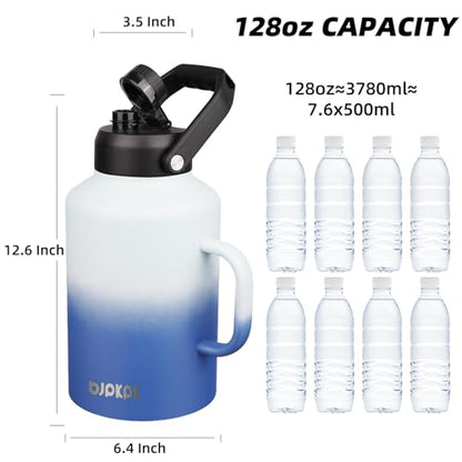BJPKPK 1 Gallon Water Bottle with Handle, Large Dishwasher Safe 128oz Insulated Water Bottle, BPA Free Water Jug, Wide Mouth Metal Flasks with Anti-slip Bottom, Keep Cold & Hot,Sky - color: Sky, style: 128oz-Side Handle