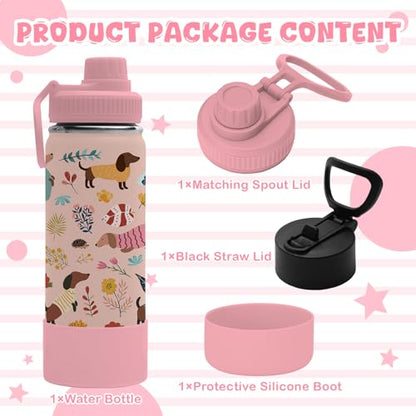 Dachshund Gifts for Women Girls, 18oz Dachshunds Water Bottle with 2 Lids (Spout and Straw Lid), Insulated Stainless Steel Wiener Dog Tumbler Cup, Puppy Lover Gift for Dackel Owner Dog Mom - color: Dachshund