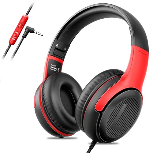 awatrue Kids Headphones for School Travel, 85/94dB Safe Volume Limit, 3.5mm Jack, HD Mic, Portable Wired Headphone with Shareport, Stereo Sound On-Ear Headphones for Toddler Kids Girls Boys BlackRed - color: BlackRed