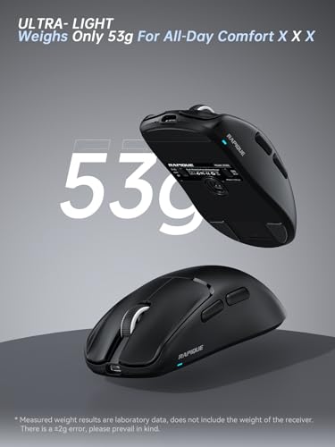 RAPIQUE Wireless Mouse, 53g Ultra-Light, Bluetooth 5.1 & 2.4GHz Dual Mode, USB-C Rechargeable, Silent Click, 3 DPI Levels, Side Buttons, for Laptop, PC, MacBook - color: Black