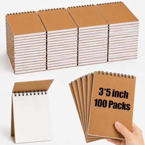 Watersay 100 Pack Small Spiral Notebook Bulk, 3x5 Pocket Notepads,Kraft - color: Kraft