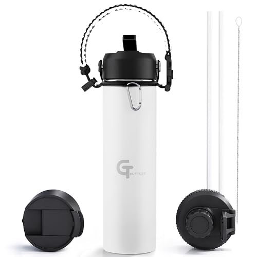 22oz Insulated Stainless Steel Water Bottle with 3 Lids & Paracord Handle – Leakproof Wide Mouth Metal Sports Bottle for Gym, School & Travel (White, 22oz) - color: White, size: 22oz