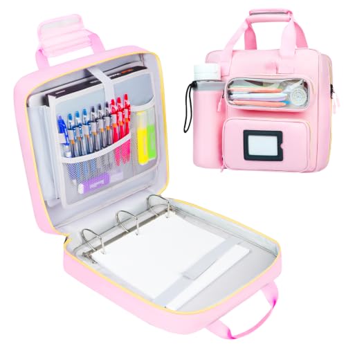 3 Inch D-Ring Zipper Binder Bag, 700 Sheet Capacity Multi-Pockets Organizer, 13 Inch Laptop Carrying Case with Bottle Holder& Shoulder Strap for School Office (Pink) - color: Vibrant Pink