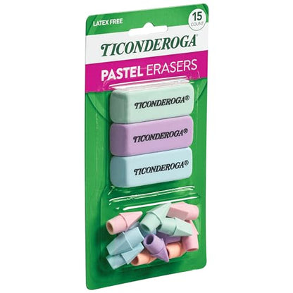Ticonderoga Assorted Erasers, Pastel Colors, 15 Count