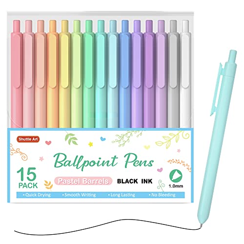 Shuttle Art Ballpoint Pens, 15 Pack Pastel Retractable Black Ink Ball Point Pens, Cute Pens 1.0mm Medium Point Quick Drying for Writing Journaling Taking Notes School Office Home - color: Pastel Barrel--15 Black Ink