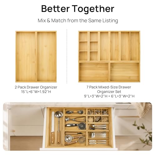 Vtopmart Bamboo Drawer Organizer Boxes - Set of 2 Multi-purpose Wooden Storage Dividers for Kitchen, Bathroom, Office, Desk, Makeup, Jewelry & More, Non-Slip Junk Drawer Organizer Trays for Storage - style: 2 Boxes