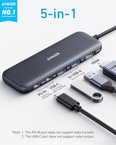 Anker USB C Hub, 5-in-1 USBC to HDMI Splitter with 4K Display, 1 x Powered USB-C 5Gbps & 2×Powered USB-A 3.0 5Gbps Data Ports for MacBook Pro, MacBook Air, Dell and More - color: Black