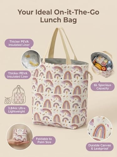 Reusable Lunch Bag - Insulated Eco-Friendly Lunch Tote for Work, School, or Picnics, Lightweight & Waterproof, Keeps Food Fresh All Day (Pink Rainbow) - color: Pink Rainbow