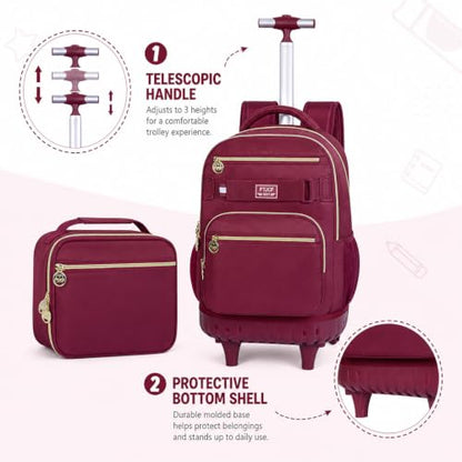 HPJGD 3PCS Girls Rolling Bookbag, Womens Wine Red School Backpacks with Wheels, Water Resistant Roller Kids Wheeled Bookbag Set - color: Classic Wine Red Rolling Backpack Set