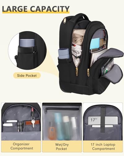 MATEIN Rolling Bag for Women, 17 inch Wheeled Laptop Backpack | TSA-Friendly Design, Wet Dry separation pocket, Backpacks with Wheels, 40L Large Capacity, Water Resistant, Multi-Pocket - color: Black, size: 17-inch
