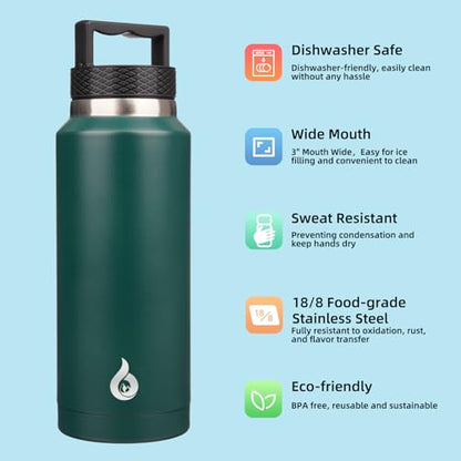 BJPKPK Insulated Water Bottles, Dishwasher Safe 36 oz Water Bottle with Handle, Leakproof BPA Free Thermal Flasks, Stainless Steel Jug for Sports, Army Green - color: Army Green, style: 36oz