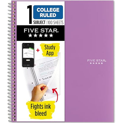 Five Star Spiral Notebook + Study App, 1 Subject, College Ruled Paper, 8-1/2" x 11", 100 Sheets, Fights Ink Bleed, Water Resistant Cover, Amethyst Purple (38744)