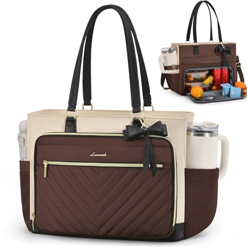 LOVEVOOK Lunch Tote Bag for Women, Insulated Lunch Bag with Laptop Compartment, Large Capacity Teacher Nurse Bag for Work Daily with Large Cup Holder Water Resistant, Coffee-Apricot-Black, 15.6 Inch - color: Coffee-apricot-black, size: 15.6 Inch With Lunc